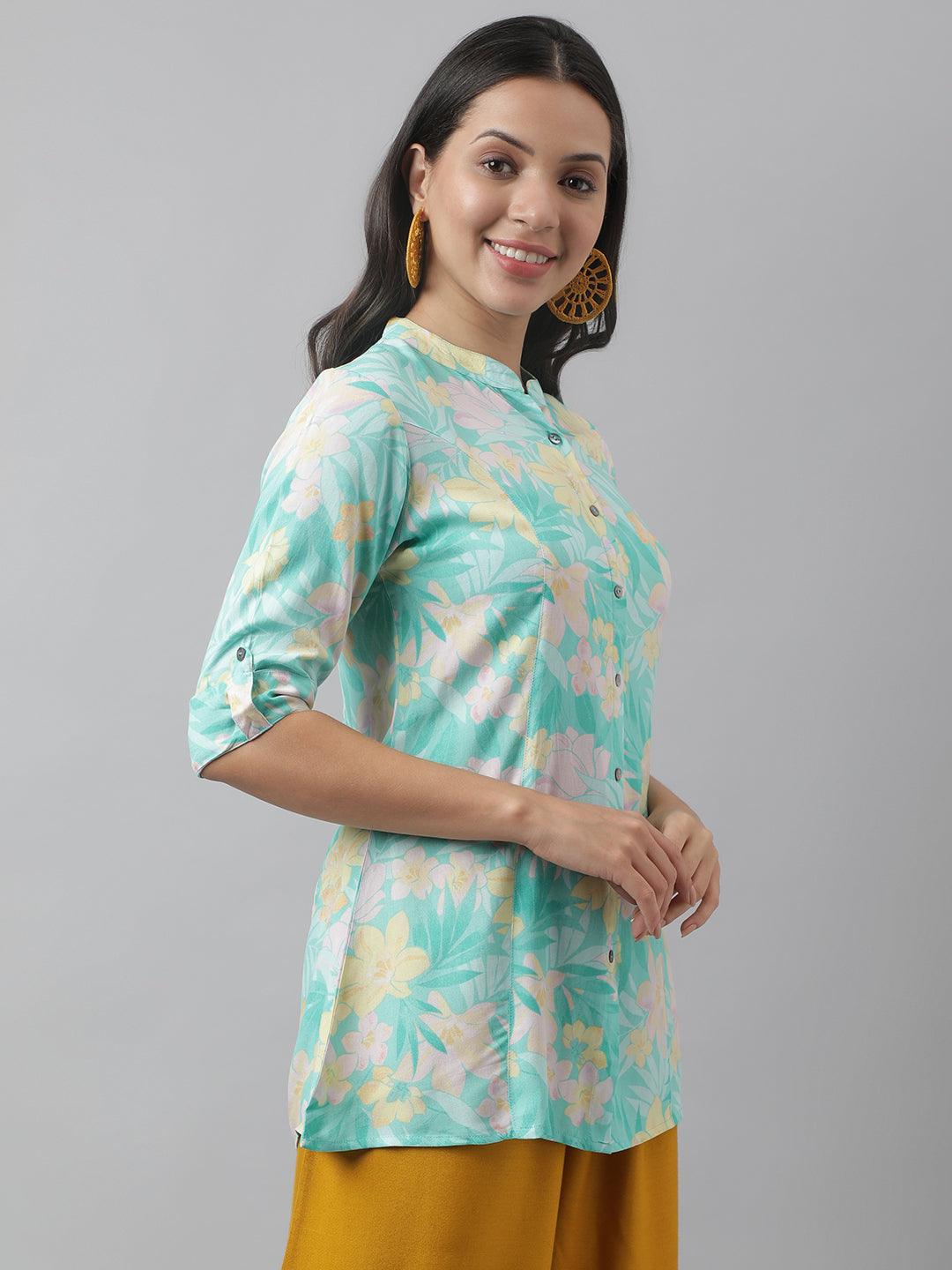  Sea Green Floral Printed Rayon A-line Shirt Style Top -  world