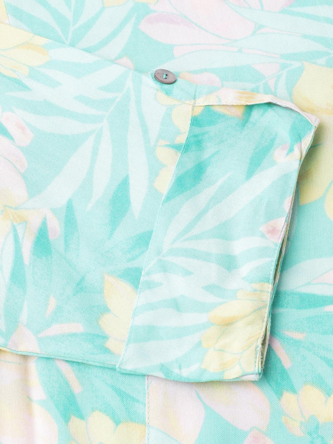  Sea Green Floral Printed Rayon A-line Shirt Style Top -  world