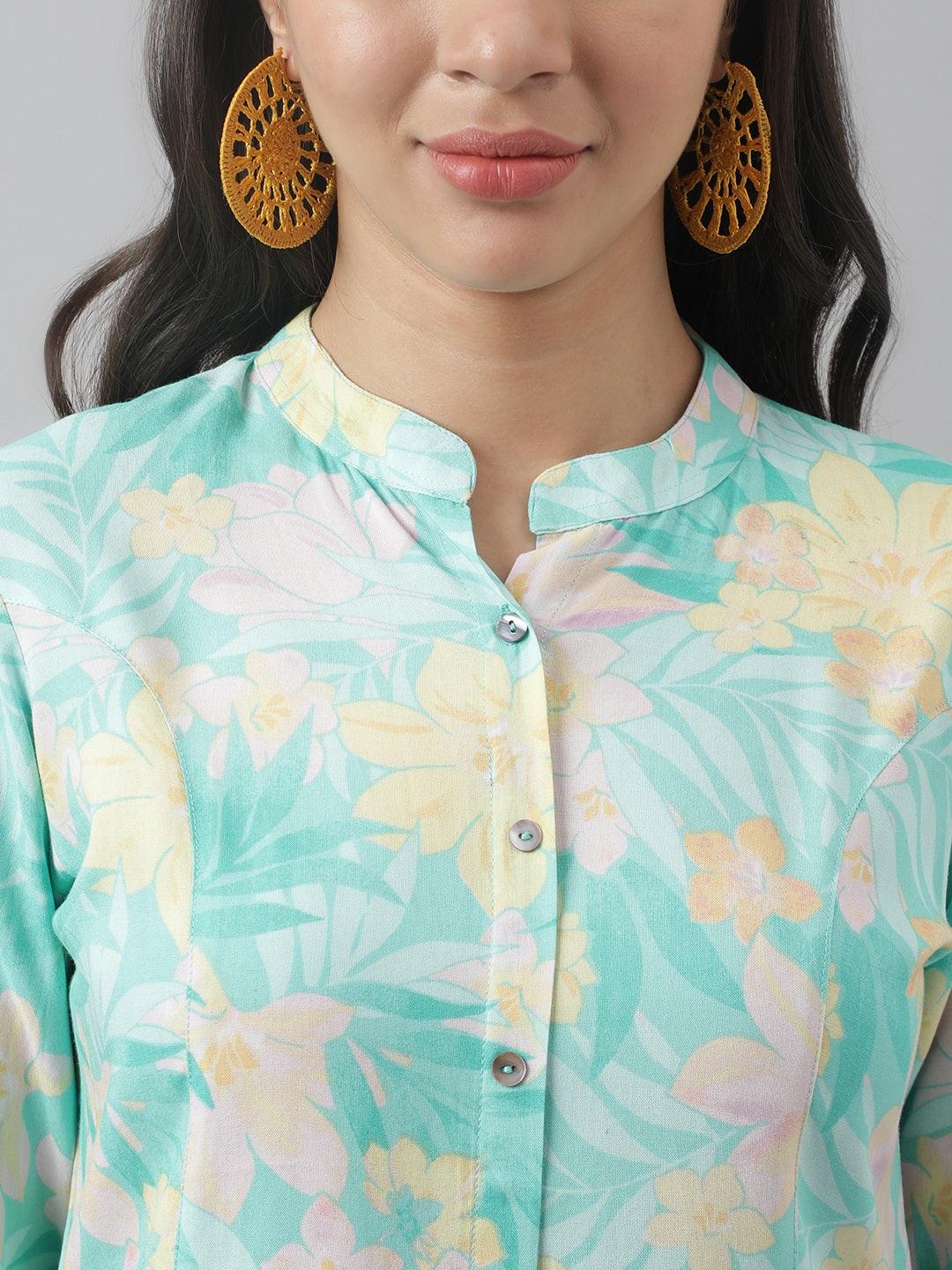  Sea Green Floral Printed Rayon A-line Shirt Style Top -  world