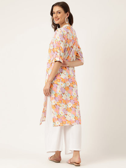 Multi Colored Floral Digital Printed Straight Half Sleeve Kurta
