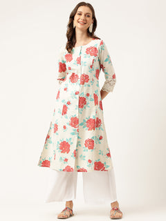 Cream Floral Printed Cotton A-Line  Kurta