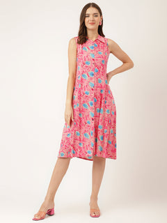 Pink Floral Print Rayon A-Line Midi Dress with Attached Sleeves for Women