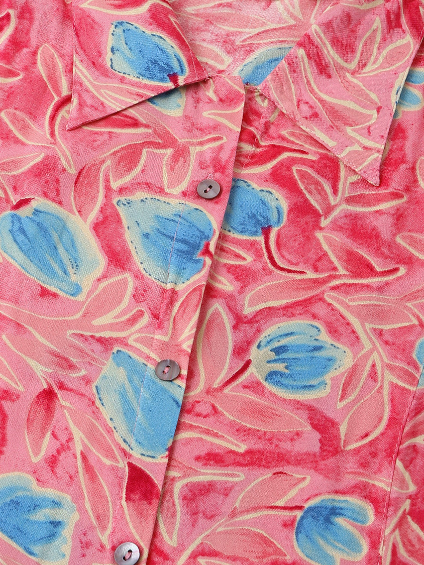 Pink Floral Print Rayon A-Line Midi Dress with Attached Sleeves for Women