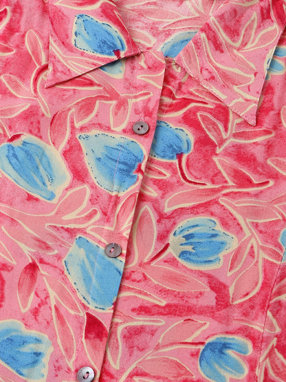 Pink Floral Print Rayon A-Line Midi Dress with Attached Sleeves for Women