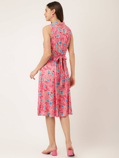 Pink Floral Print Rayon A-Line Midi Dress with Attached Sleeves for Women