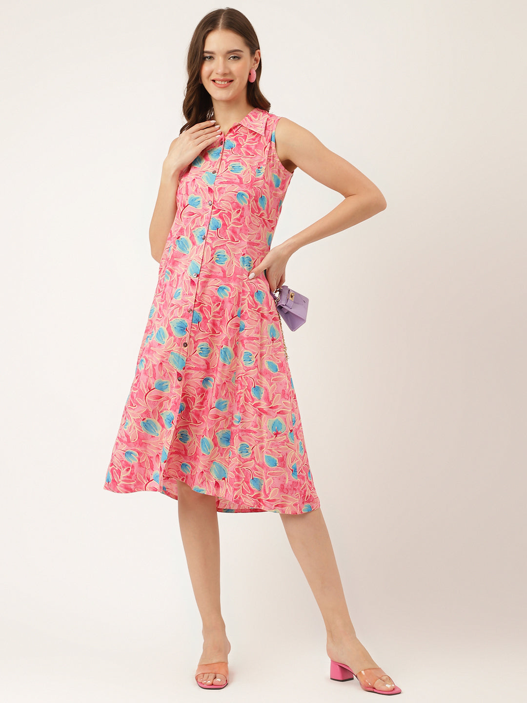 Pink Floral Print Rayon A-Line Midi Dress with Attached Sleeves for Women