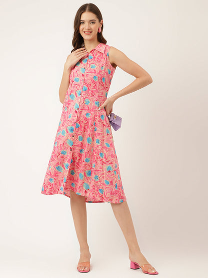 Pink Floral Print Rayon A-Line Midi Dress with Attached Sleeves for Women
