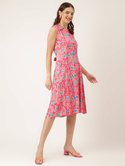 Pink Floral Print Rayon A-Line Midi Dress with Attached Sleeves for Women