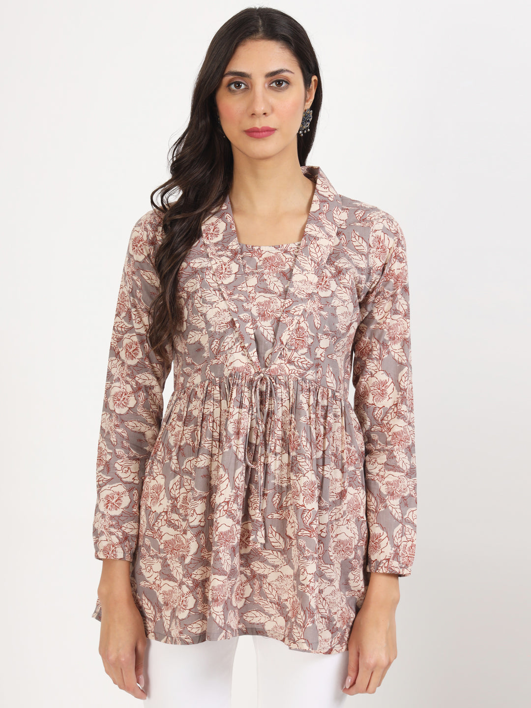Grey Floral Printed Cotton Top