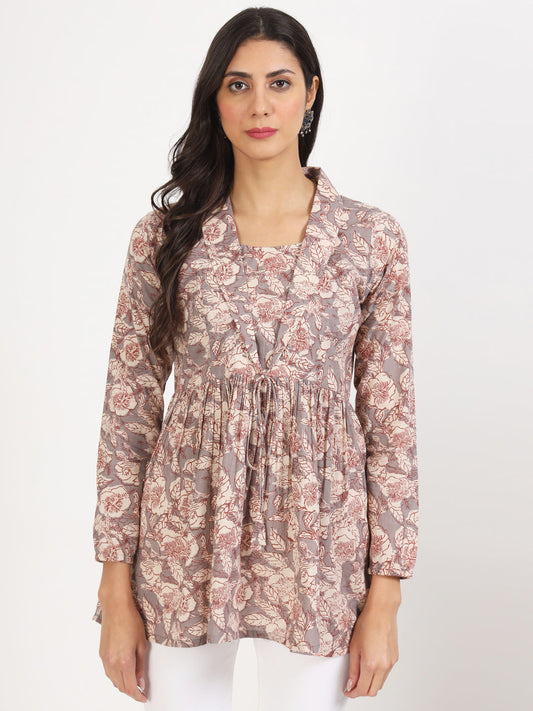 Grey Floral Printed Cotton Top