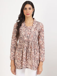 Grey Floral Printed Cotton Top