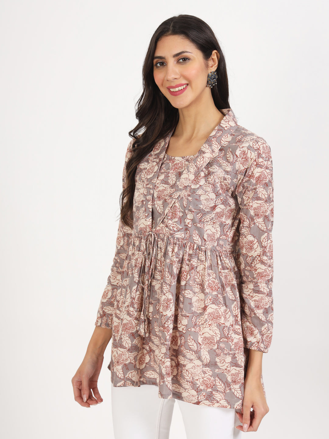 Grey Floral Printed Cotton Top