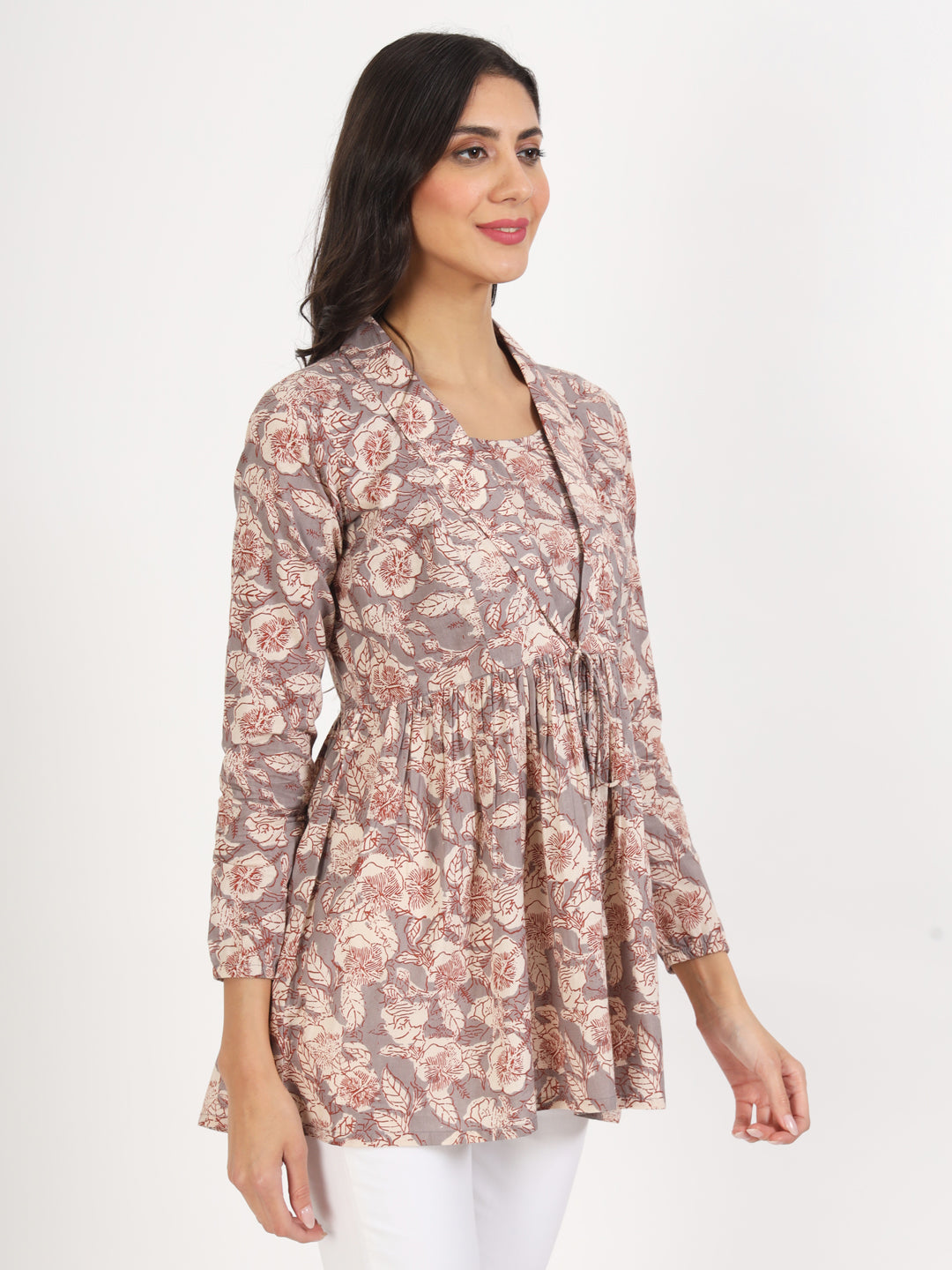 Grey Floral Printed Cotton Top