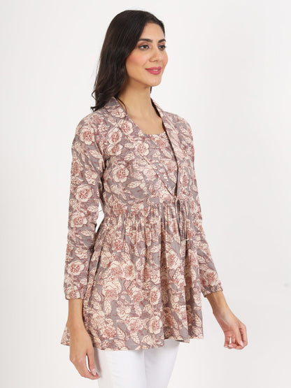 Grey Floral Printed Cotton Top