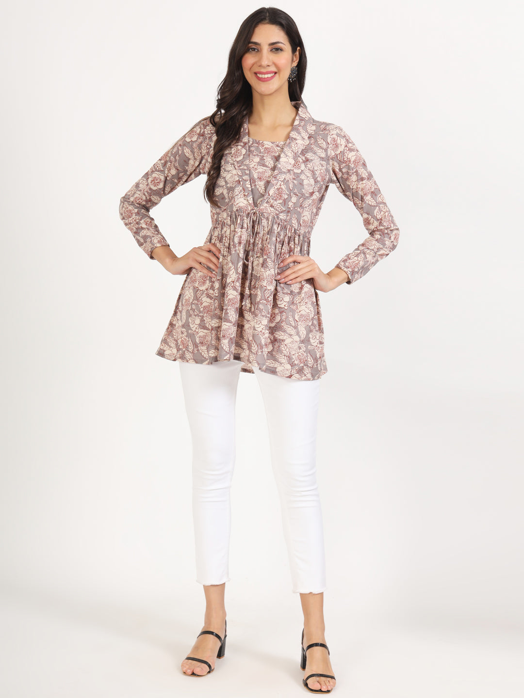 Grey Floral Printed Cotton Top
