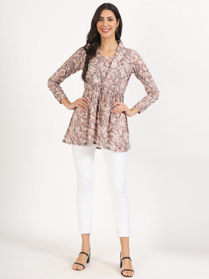 Grey Floral Printed Cotton Top