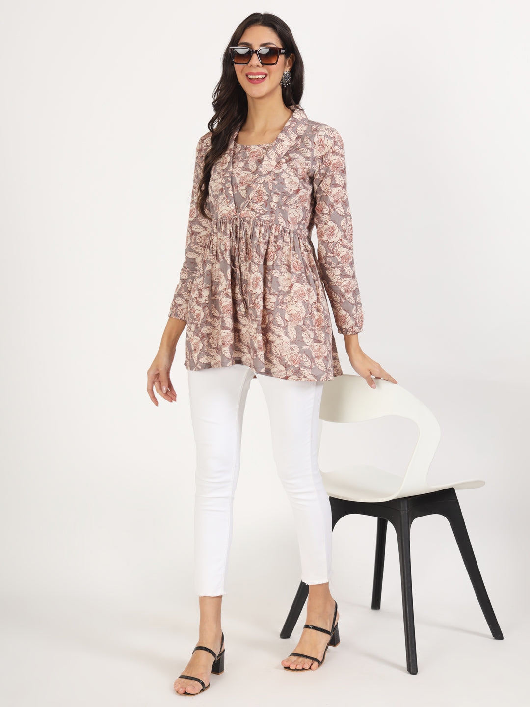 Grey Floral Printed Cotton Top