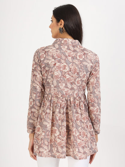 Grey Floral Printed Cotton Top
