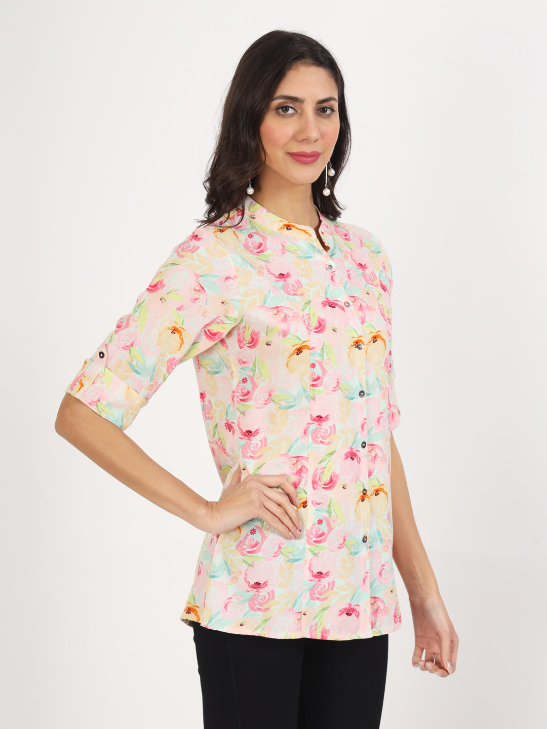 Green Floral Printed Rayon Top