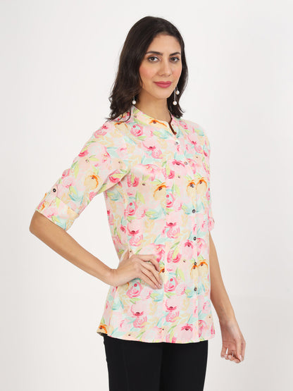 Green Floral Printed Rayon Top