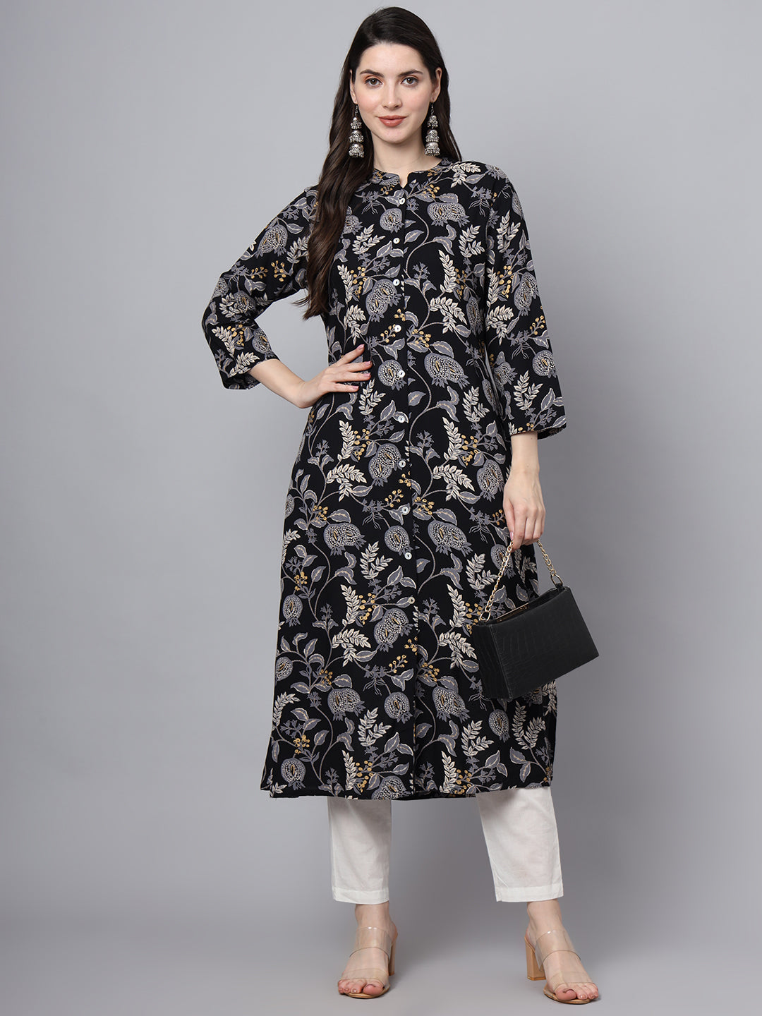 Black Rayon Printed-A-Line Kurta