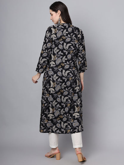 Black Rayon Printed-A-Line Kurta