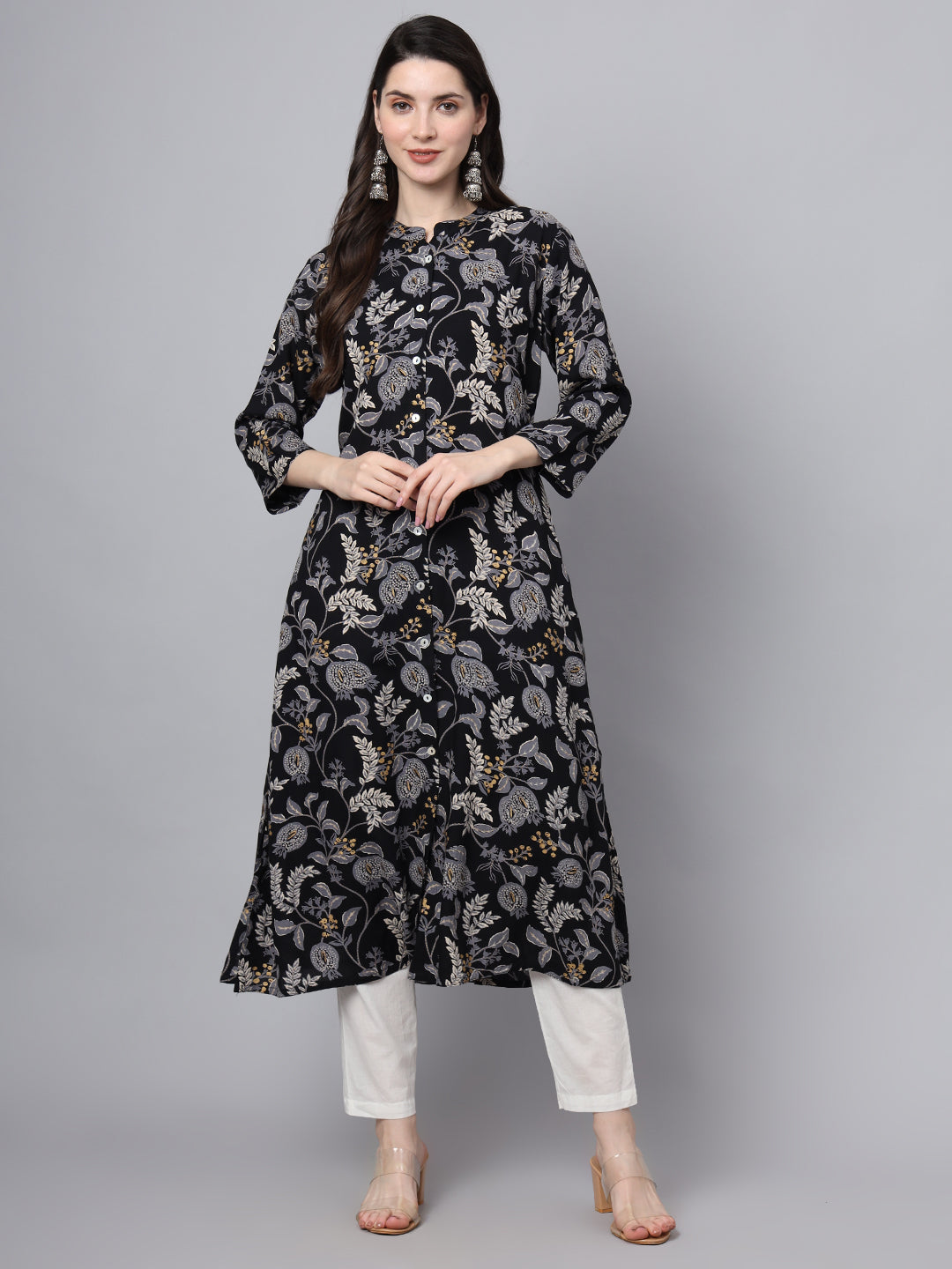 Black Rayon Printed-A-Line Kurta