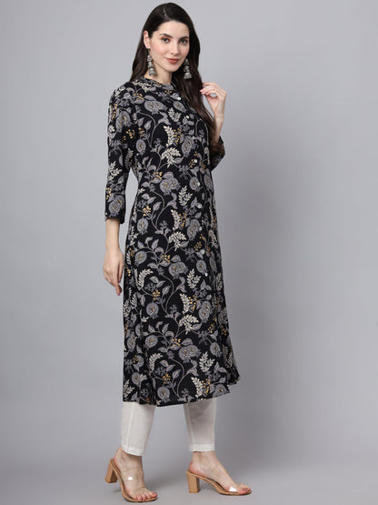 Black Rayon Printed-A-Line Kurta