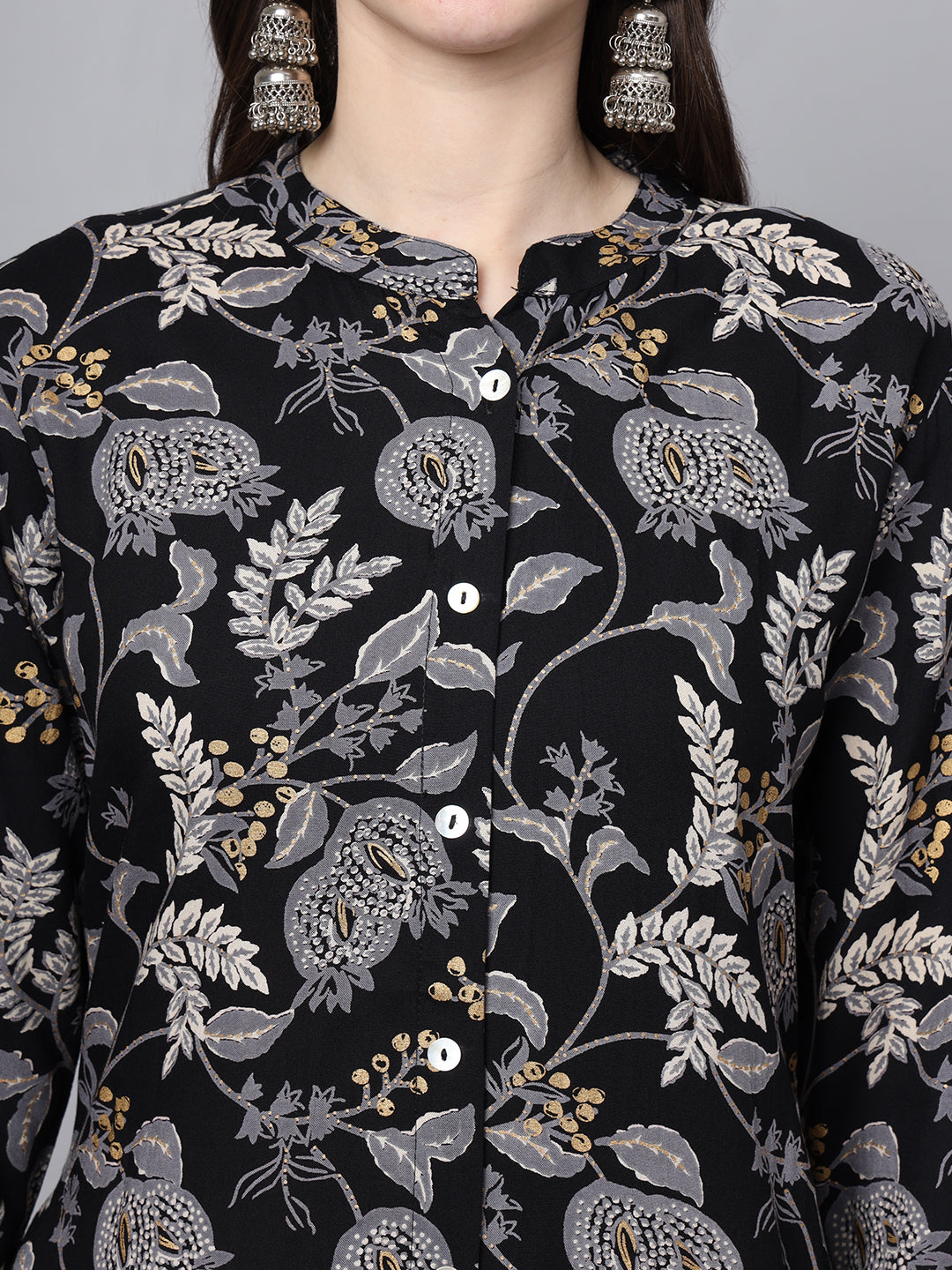 Black Rayon Printed-A-Line Kurta