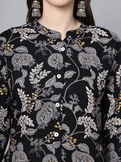 Black Rayon Printed-A-Line Kurta