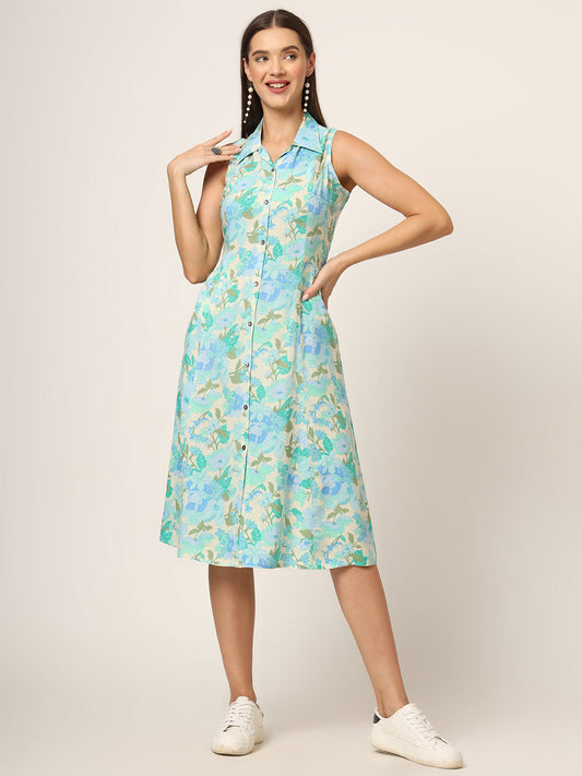 Green Floral Print A-Line Midi Dress