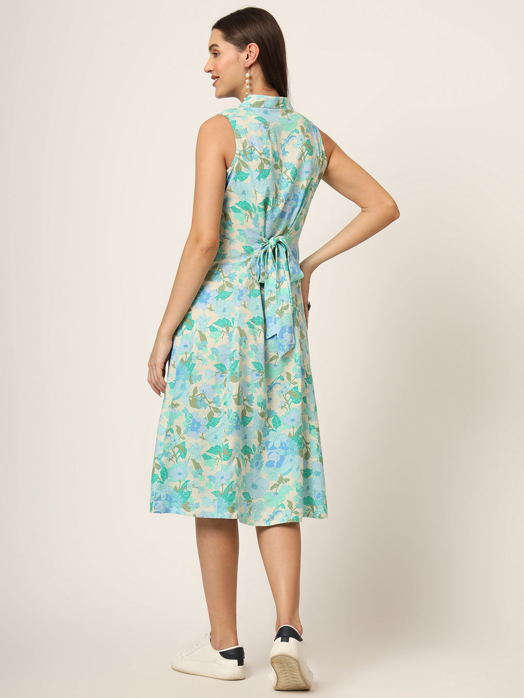 Green Floral Print A-Line Midi Dress