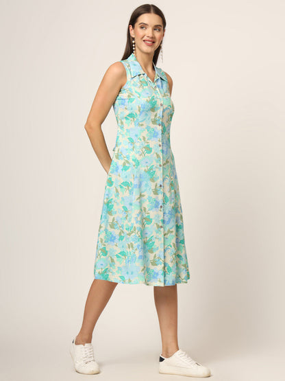 Green Floral Print A-Line Midi Dress