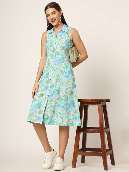 Green Floral Print A-Line Midi Dress