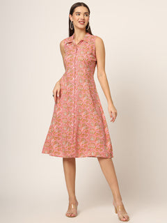 Pink Floral Print A-Line Midi Dress