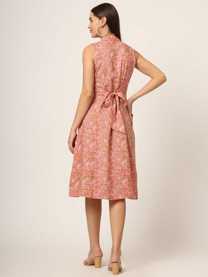 Pink Floral Print A-Line Midi Dress