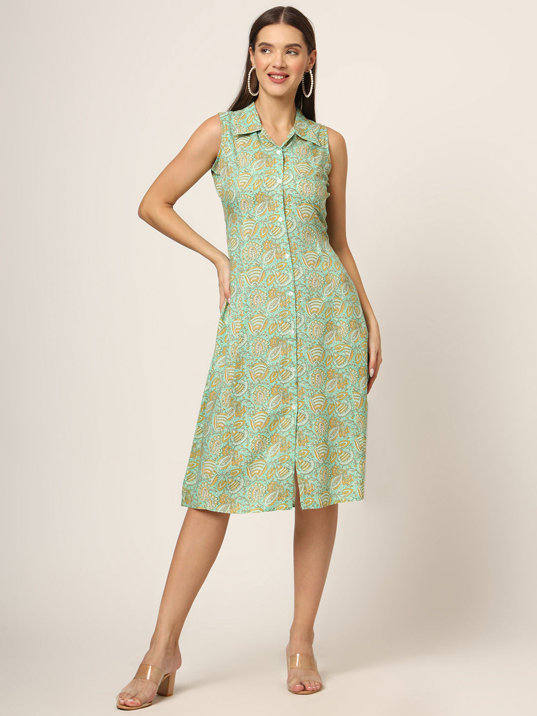 Green Floral Print A-Line Midi Dress
