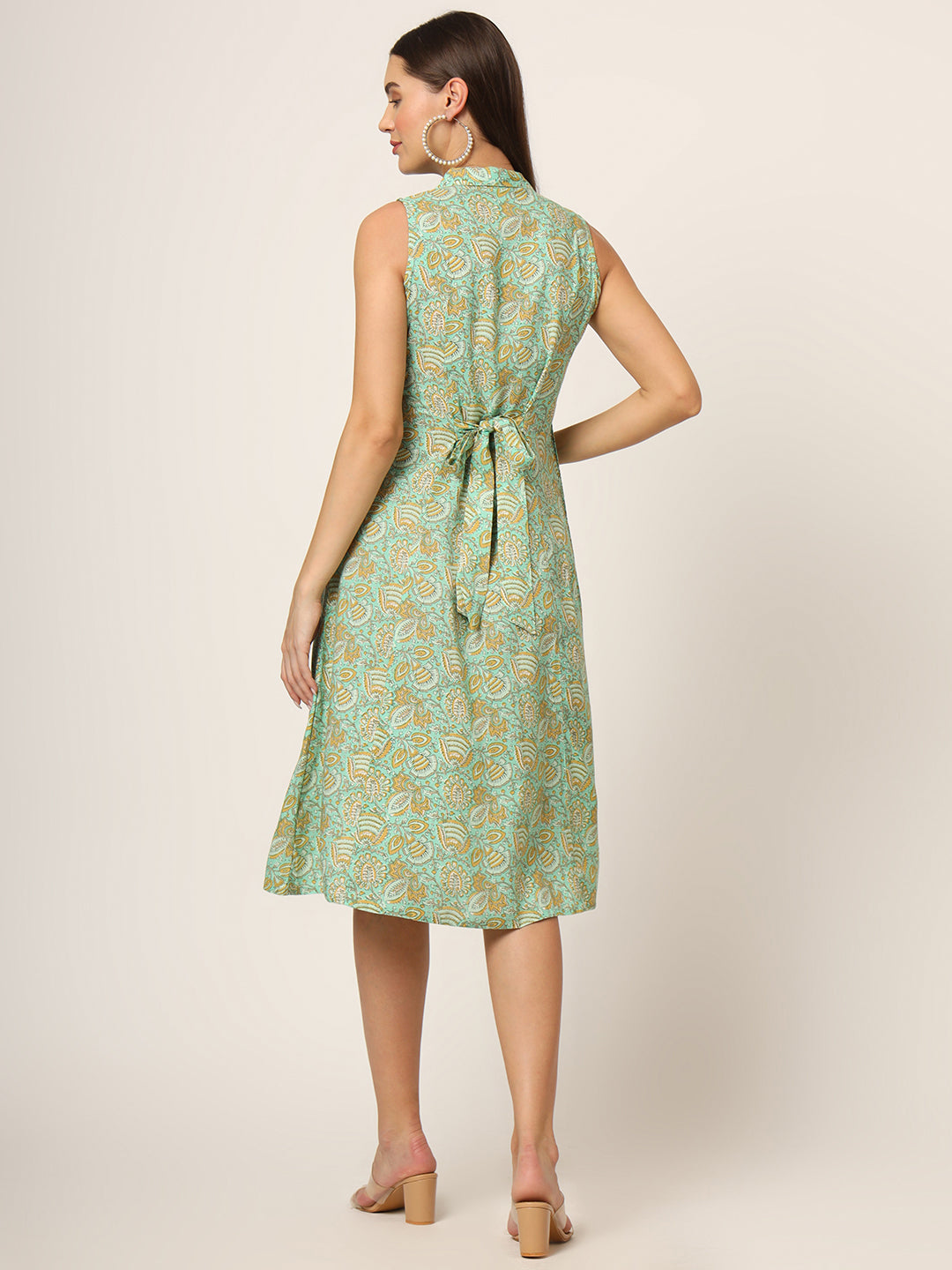 Green Floral Print A-Line Midi Dress