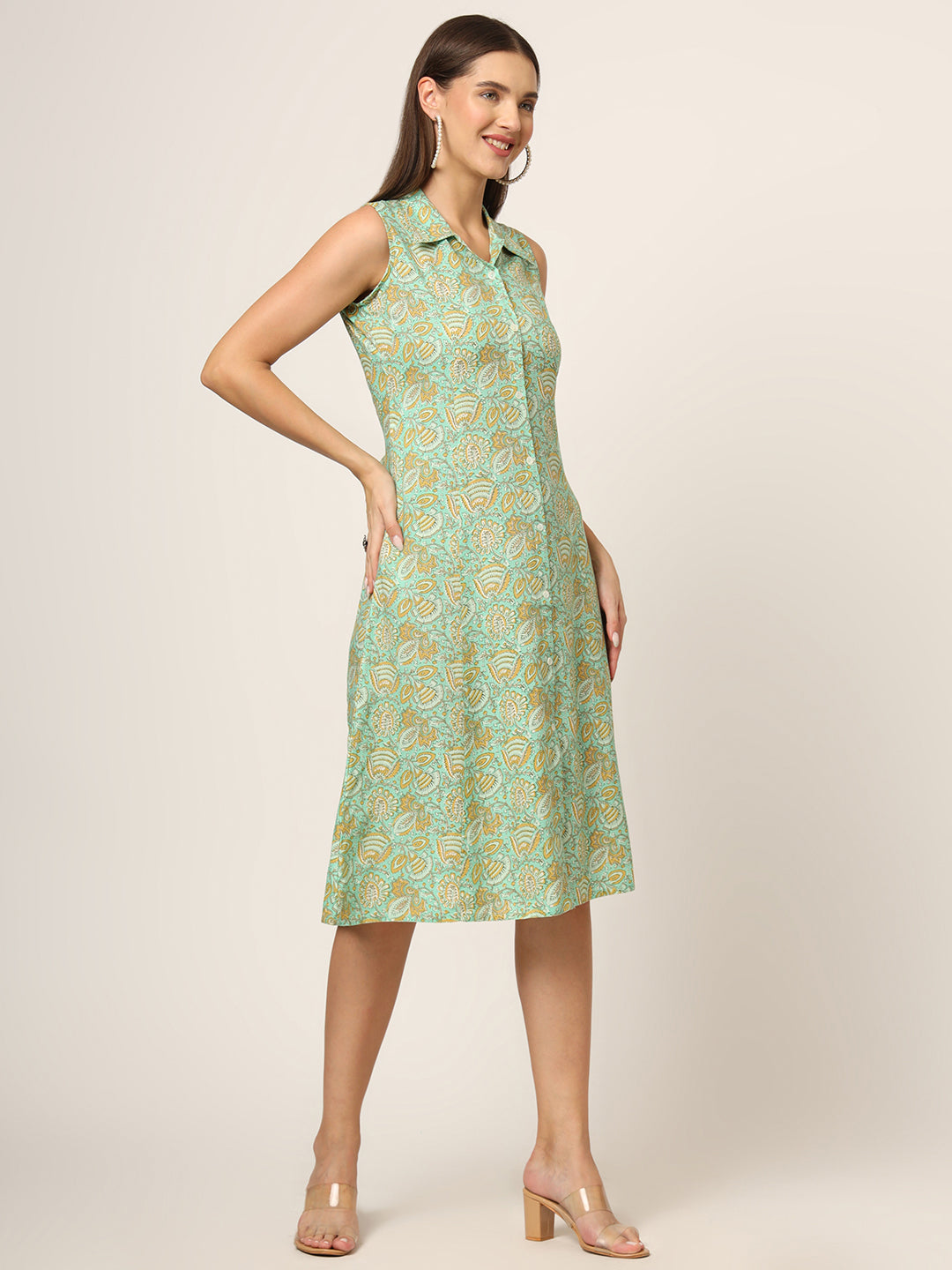 Green Floral Print A-Line Midi Dress