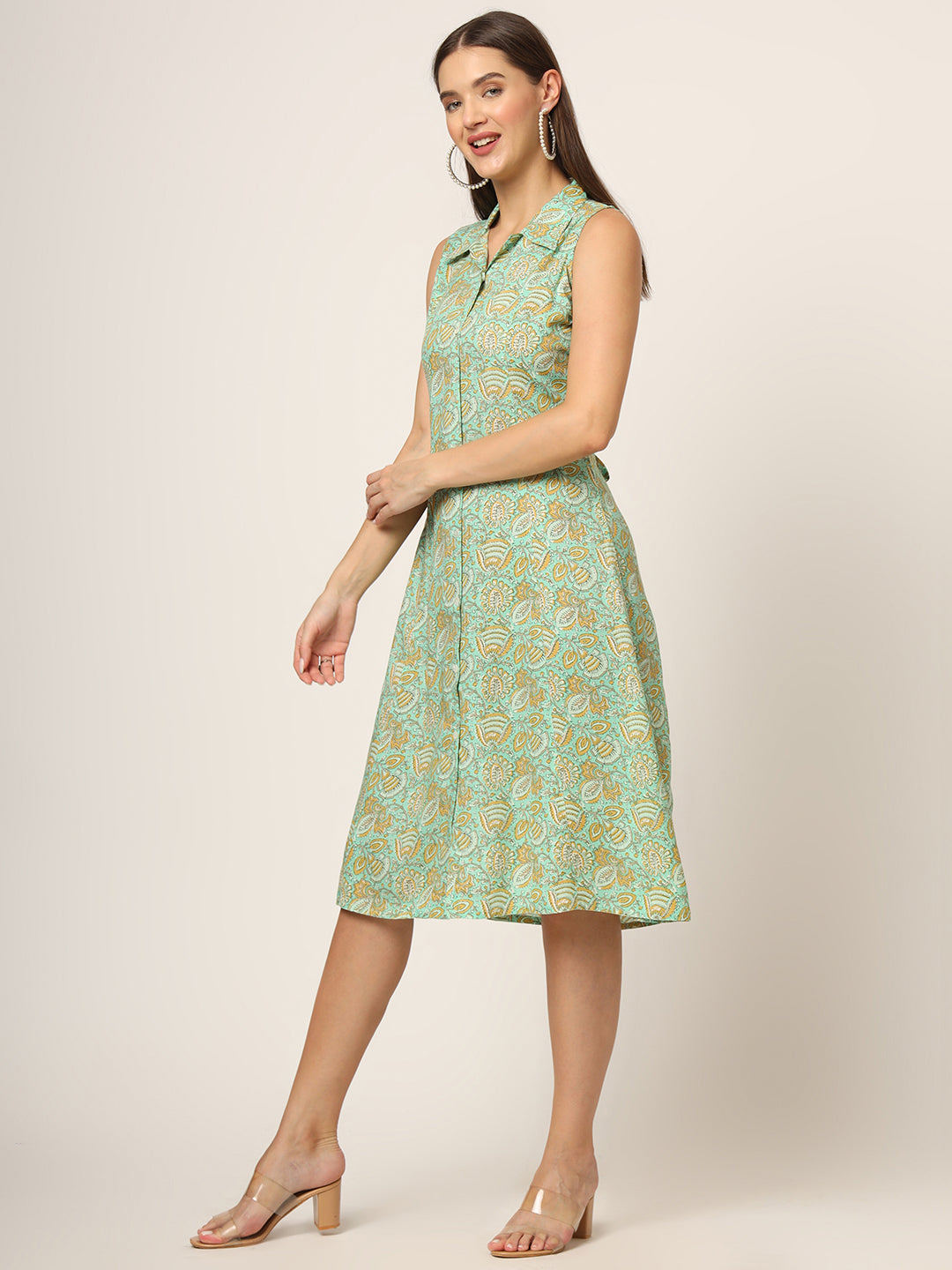 Green Floral Print A-Line Midi Dress