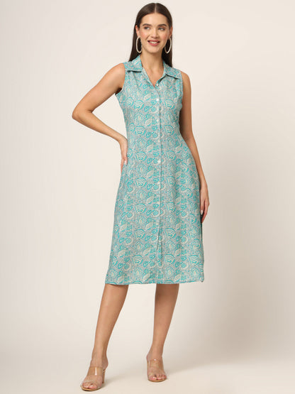 Sky Blue Floral Print A-Line Midi Dress