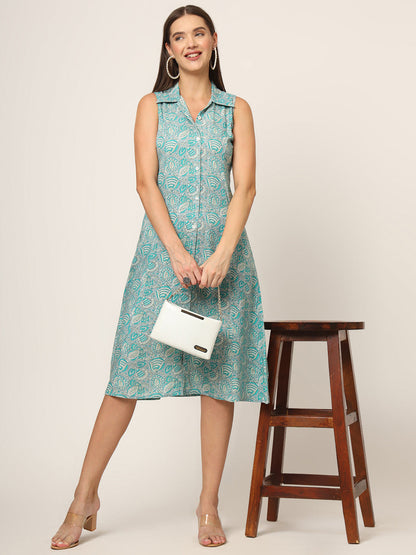 Sky Blue Floral Print A-Line Midi Dress
