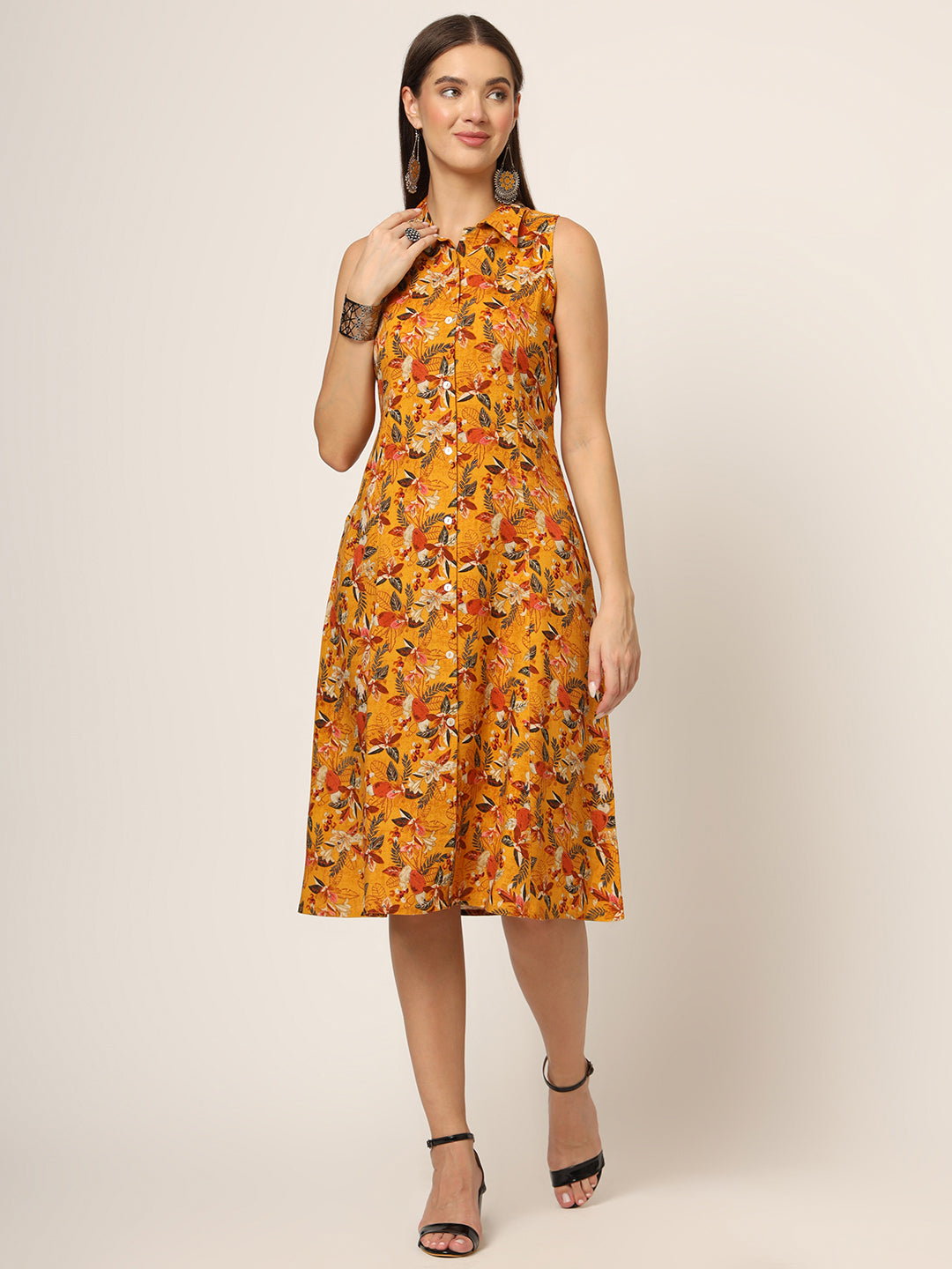 Yellow Floral Print A-Line Midi Dress