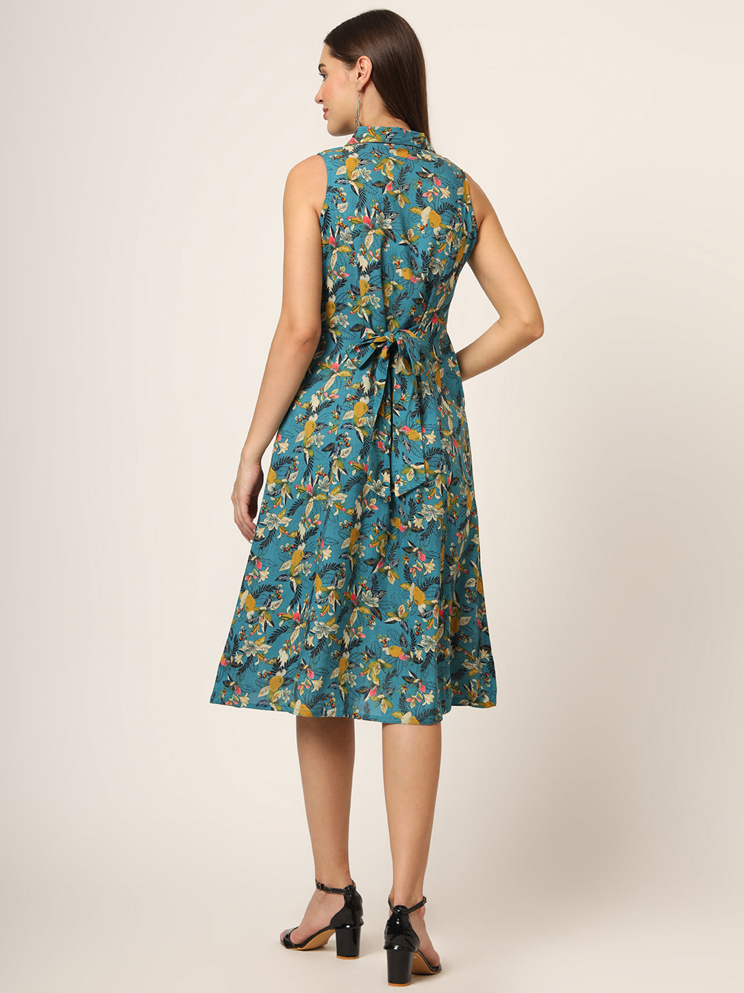 Blue Floral Print A-Line Midi Dress