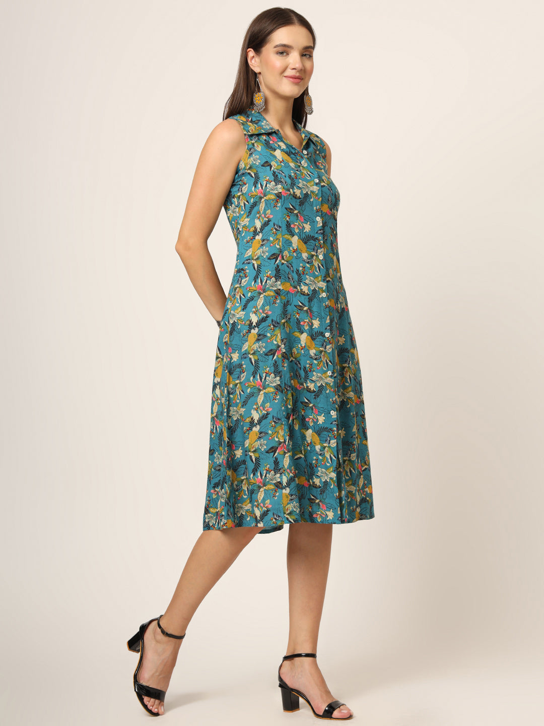 Blue Floral Print A-Line Midi Dress