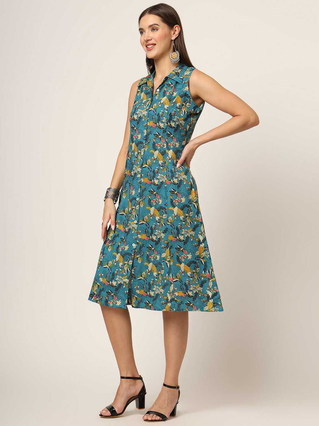 Blue Floral Print A-Line Midi Dress