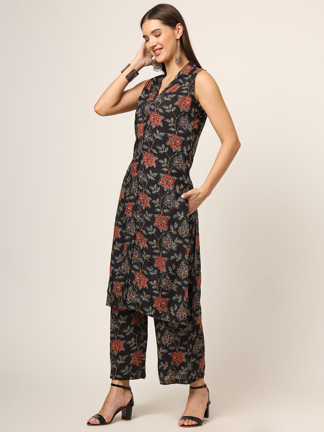 Black Printed Rayon Fabric Straight Kurta