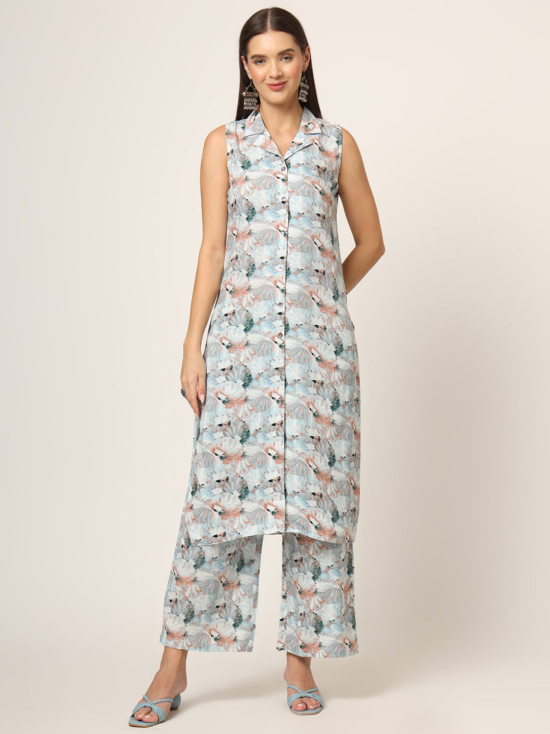 Sky Blue Printed Rayon Fabric Straight Kurta
