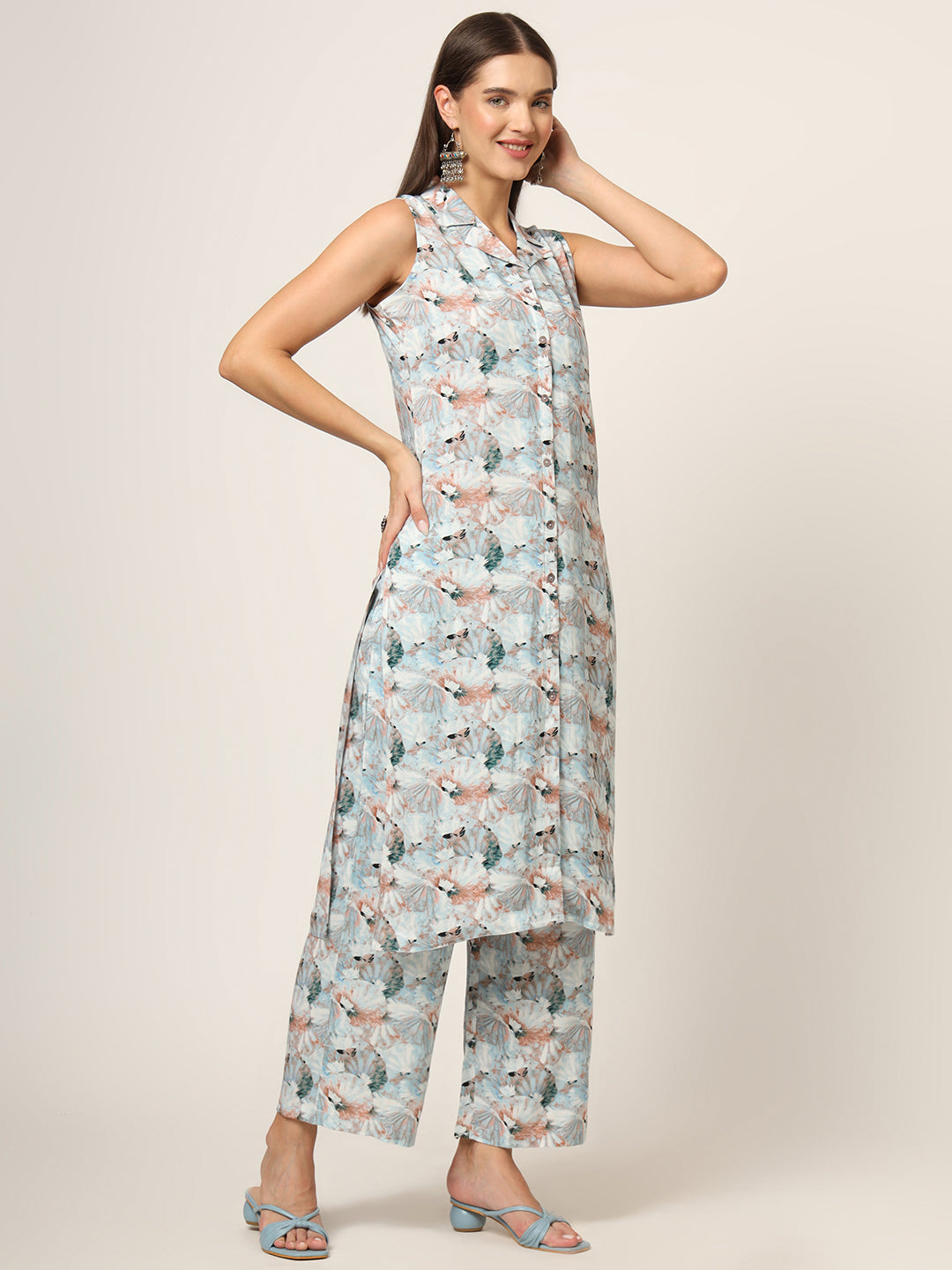 Sky Blue Printed Rayon Fabric Straight Kurta
