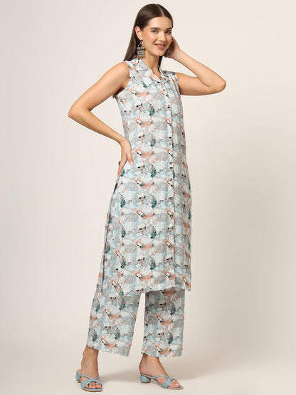 Sky Blue Printed Rayon Fabric Straight Kurta